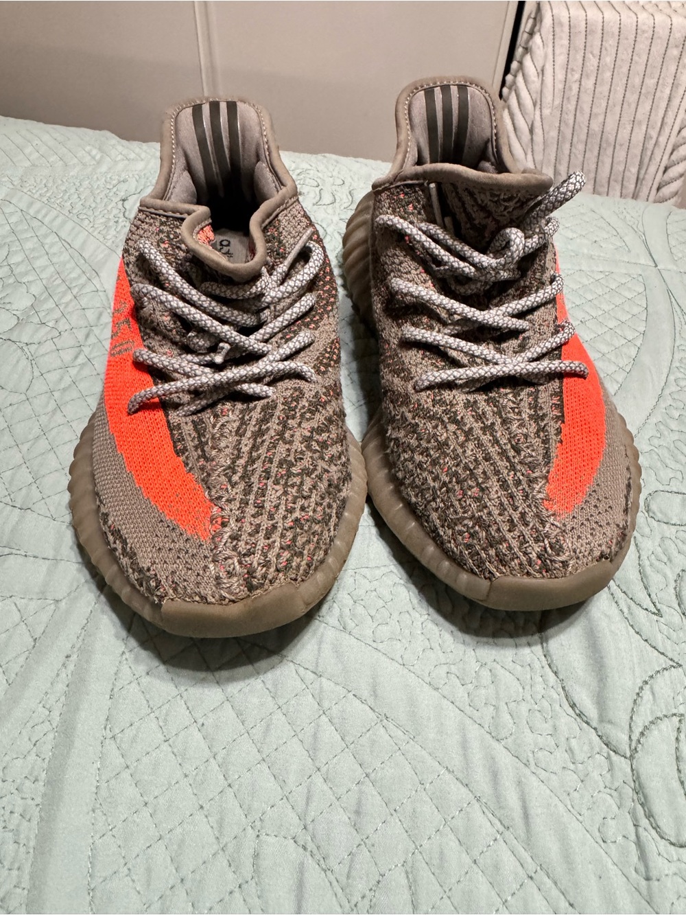 Yeezy Kids Taupe Knit Sneakers with Orange Stripe